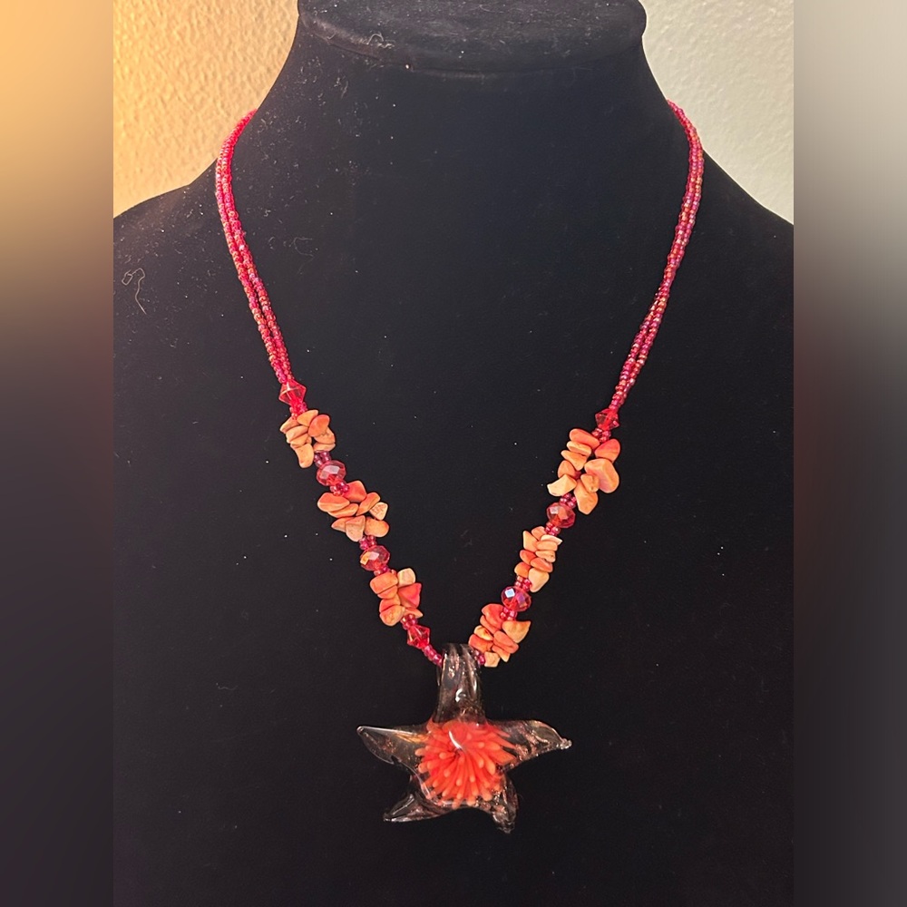 Tropical Red and Orange Starfish Pendant Necklace